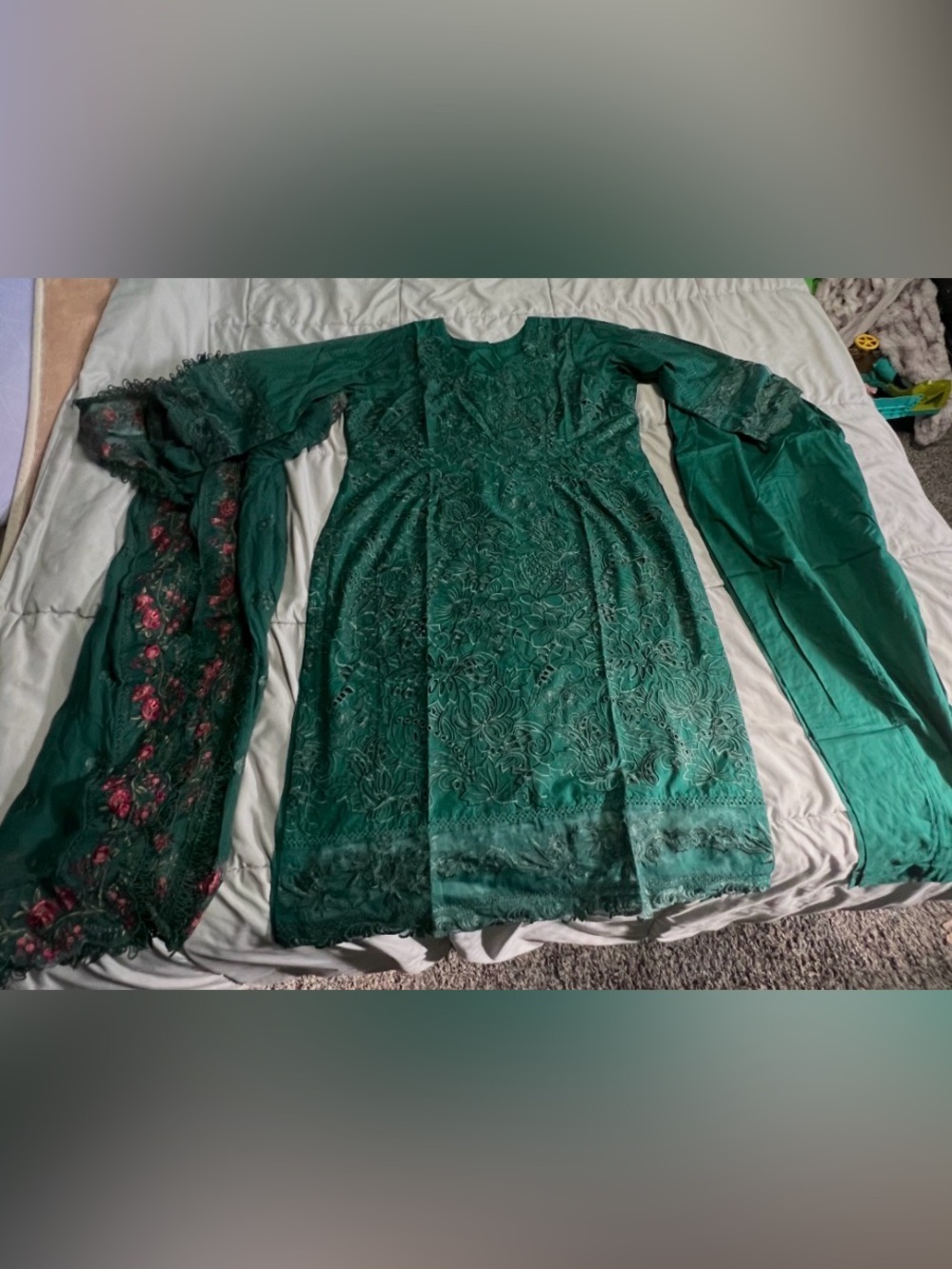 Embroidered Emerald Green Traditional Dress with Floral Scarf